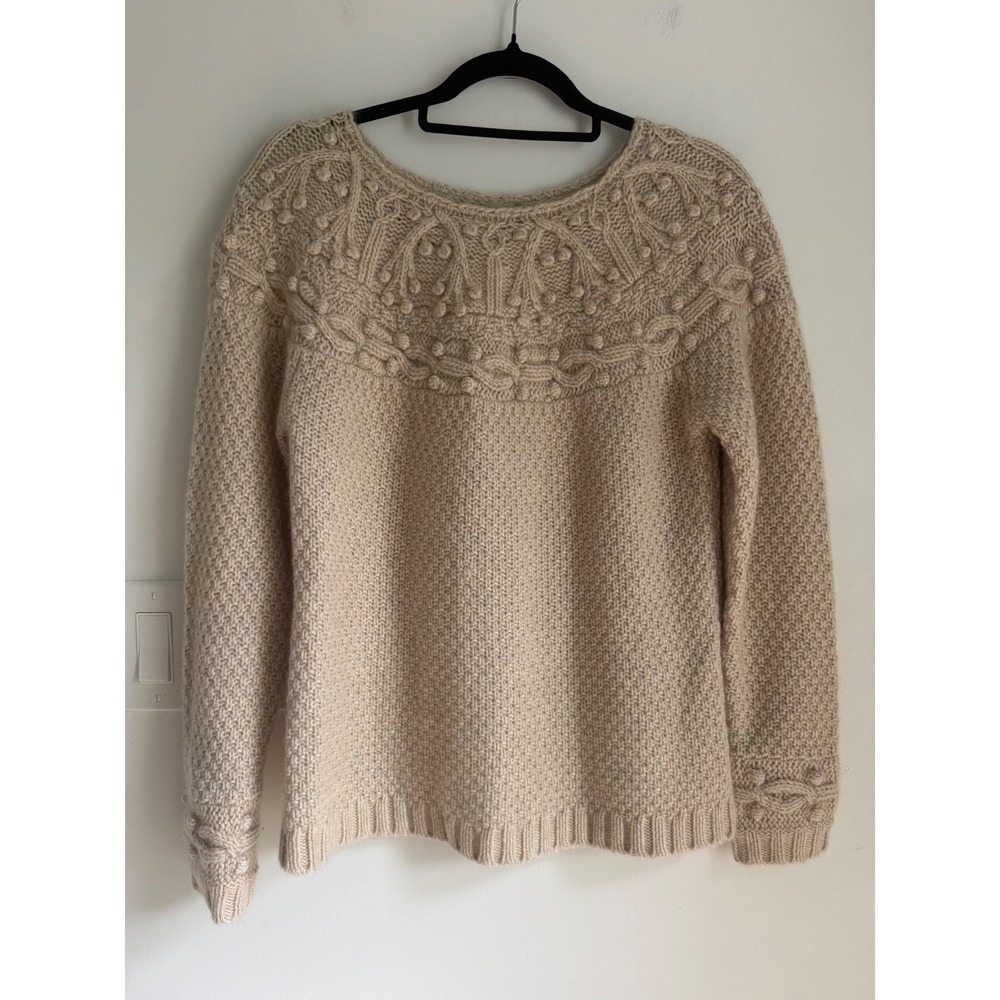 Garnet Hill Cashmere Blend Shimmer Cable Knit Bobble Yoke Sweater Beige Small